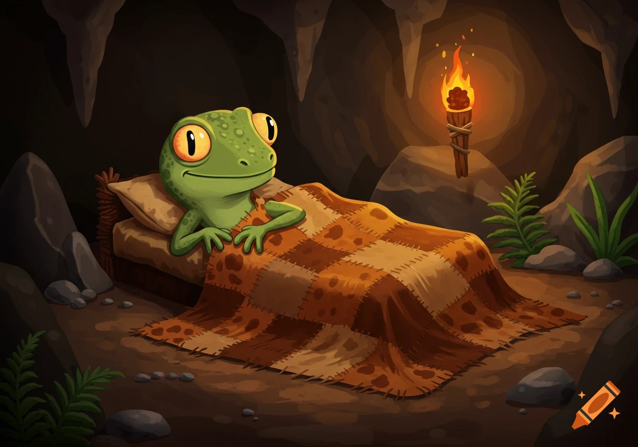 A cartoon green frog-like creature in a bed inside a dark cave, lit by a torch on the wall.