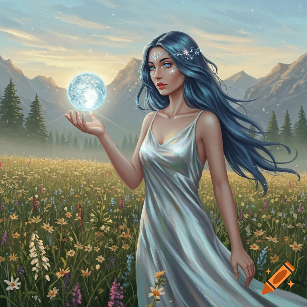 A woman with blue hair and a white dress stands in a field of flowers, holding a glowing blue orb at sunset, mountains in background, digital art.