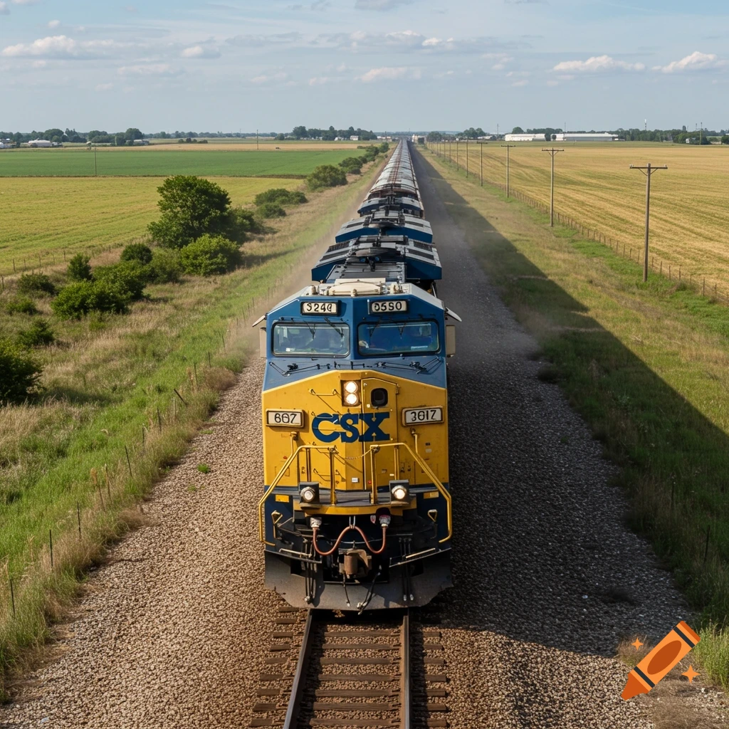 A long blue and yellow CSX freight train moves down a track through flat fields under a blue sky.