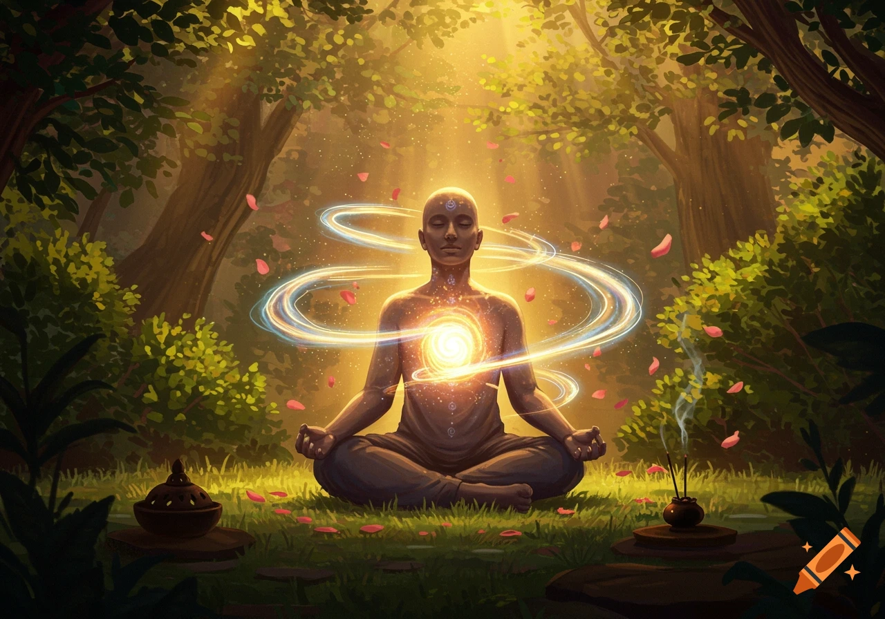 A person in meditation in a sunlit forest, with glowing light emanating from their heart. Digital art.