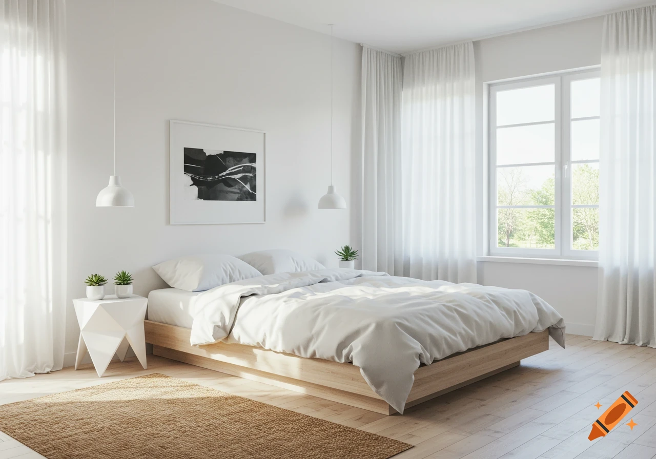 A bright, minimalist bedroom with a wooden bed, white bedding, white pendant lights, a framed abstract art piece, and a large window.