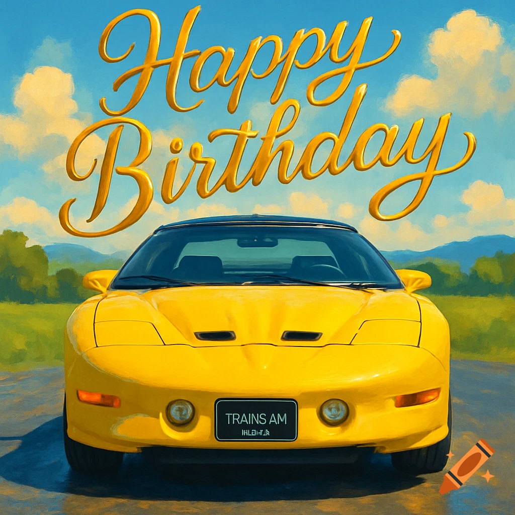 A yellow Pontiac Trans Am with the words "Happy Birthday" in a large golden script above it, set against a blue sky and green landscape.