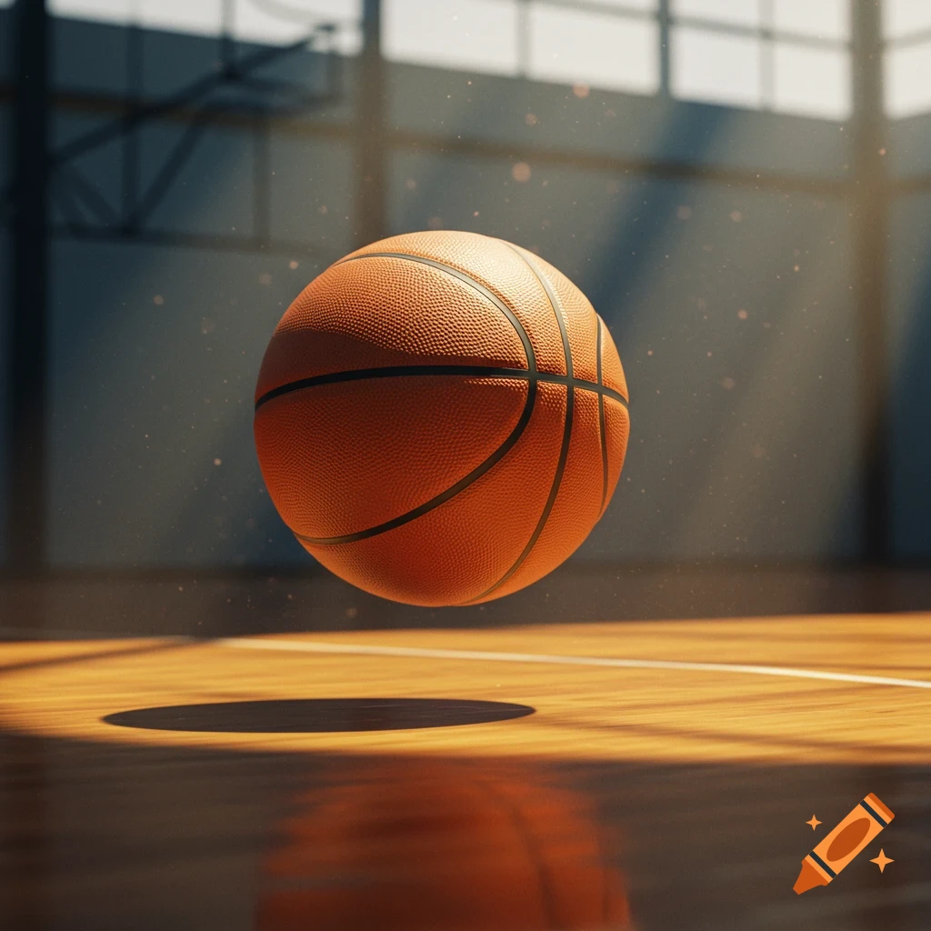 A basketball floats above a sunlit wooden basketball court, with light reflecting off the floor.