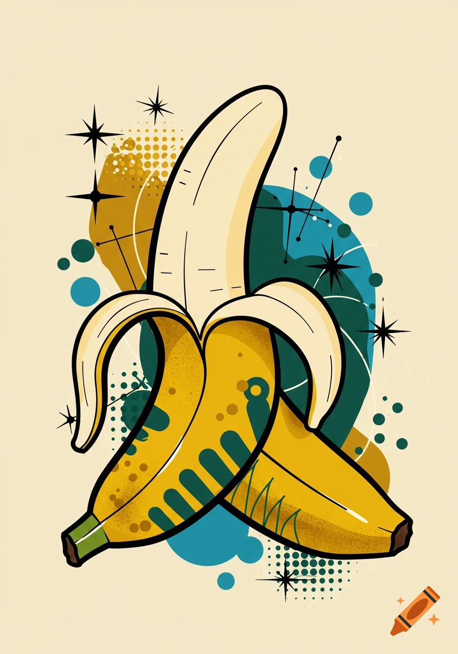 A stylized peeled banana in a mid-century modern art style with vibrant colors and abstract shapes.