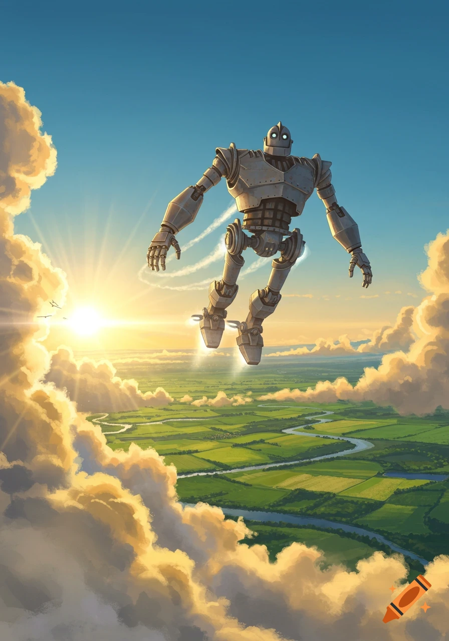 A large, metal robot inspired by the Iron Giant flies high above a green rural landscape with a winding river and fluffy clouds at sunset.