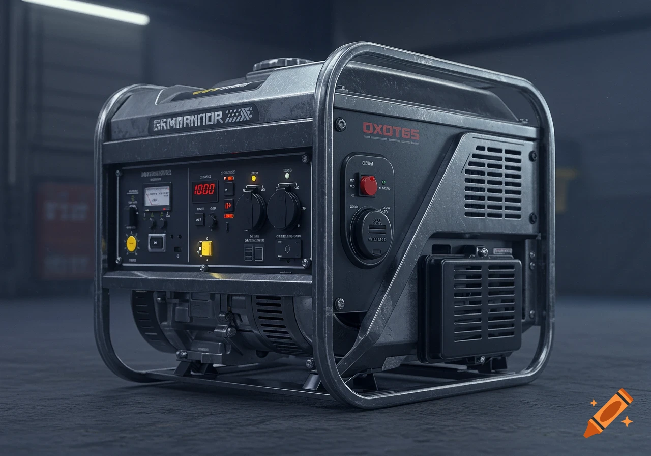 Photorealistic industrial portable generator with detailed control panel and rugged metallic design.