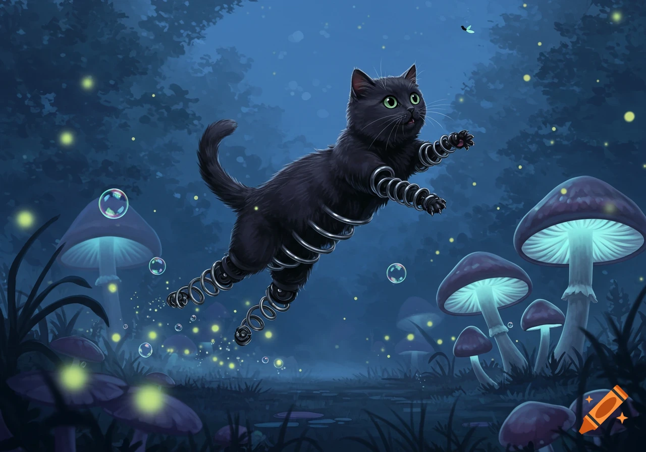 A black cat with springs for limbs floats in a whimsical, dark blue forest among glowing mushrooms, fireflies, and bubbles.