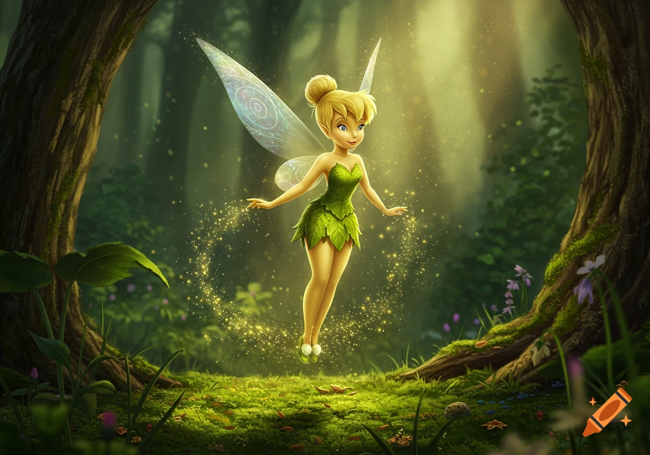 Tinkerbell floats in a magical forest clearing with sunlight beaming through the trees and glowing pixie dust around her.