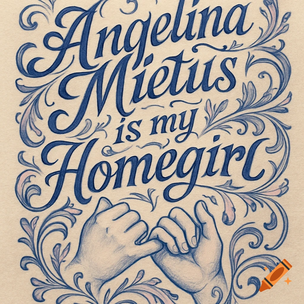Stylized calligraphy in blue ink, reading 'Angelina Mietus is my Homegirl', with two hands doing a pinky promise surrounded by floral motifs.