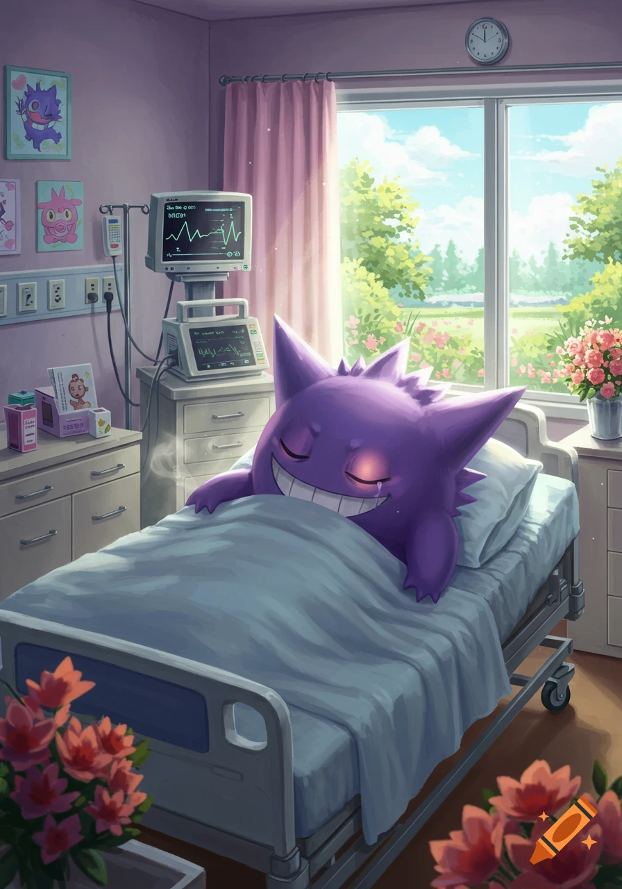A purple Gengar sleeps in a hospital bed with medical monitors nearby, in an anime-style room with a bright window.