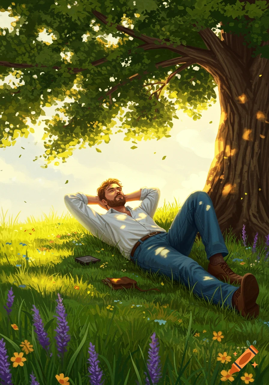 An illustrated man with a beard relaxes on a grassy hill under a large tree, bathed in dappled sunlight.