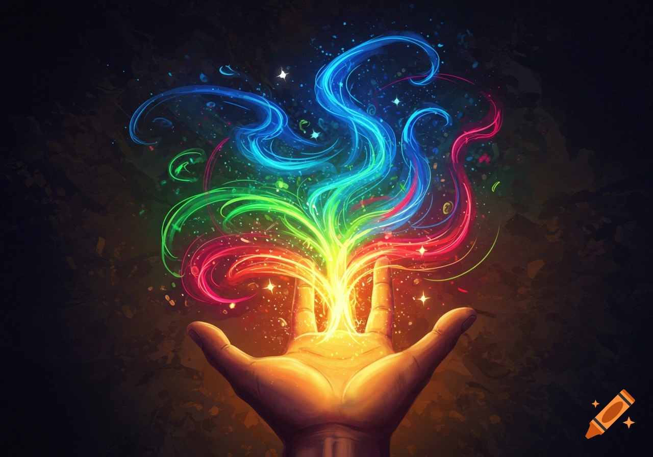 A hand glowing with vibrant, swirling, rainbow-colored magic energy against a dark, textured background.