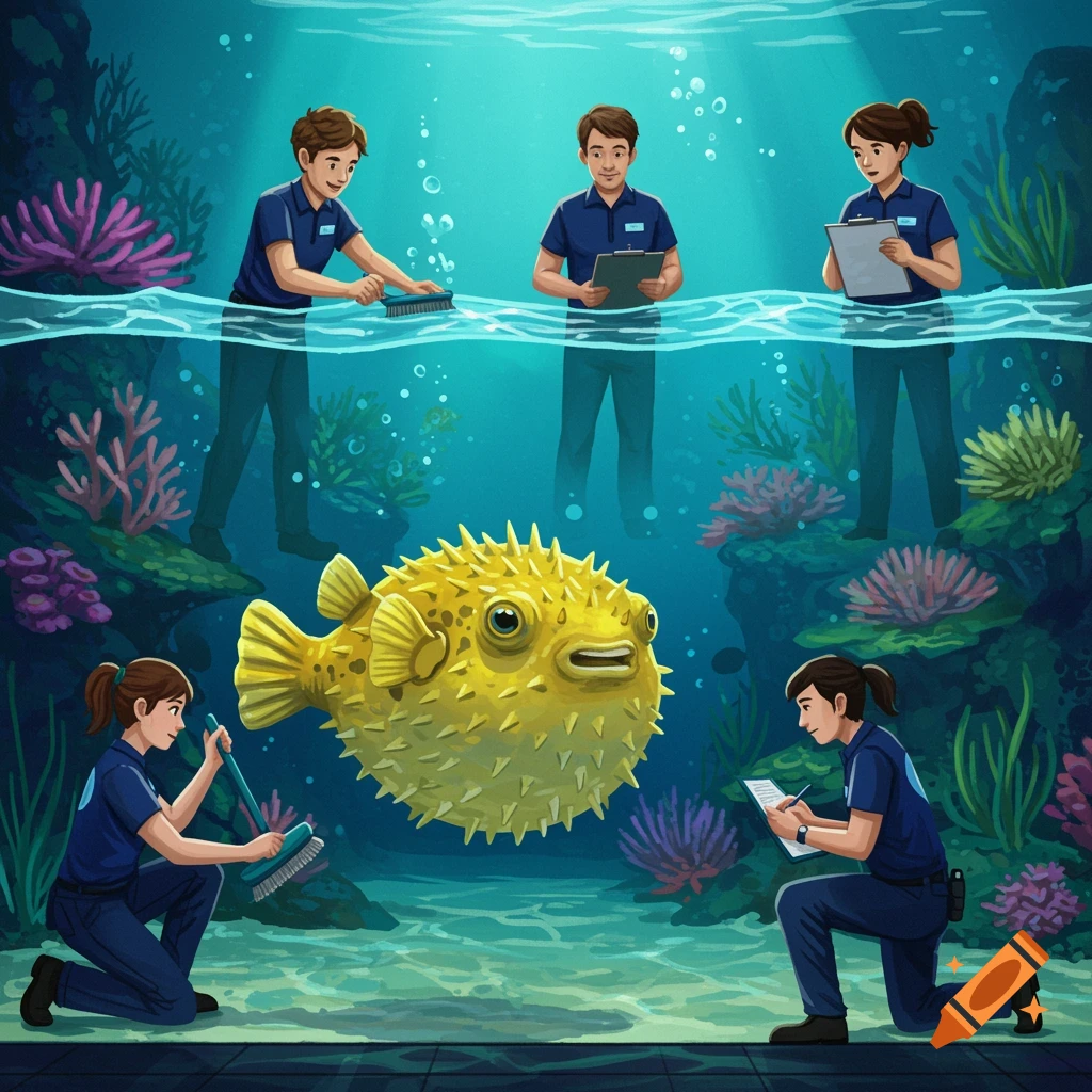 Four zookeepers attend to a large yellow pufferfish in a vibrant aquarium, with coral and plant life.
