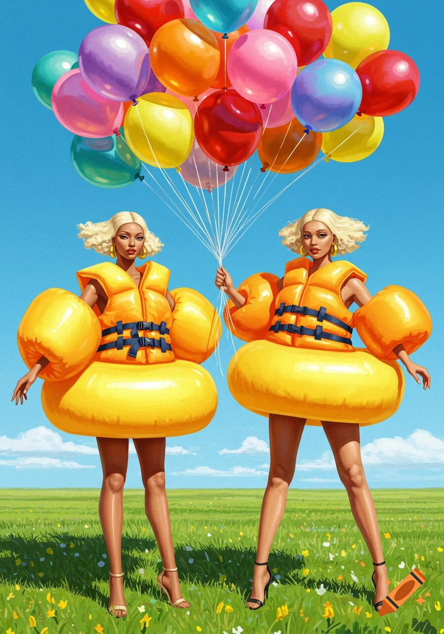 Two women in large yellow inflatable suits and arm floaties hold a bunch of colorful balloons in a grassy field under a blue sky, in an illustrative style.