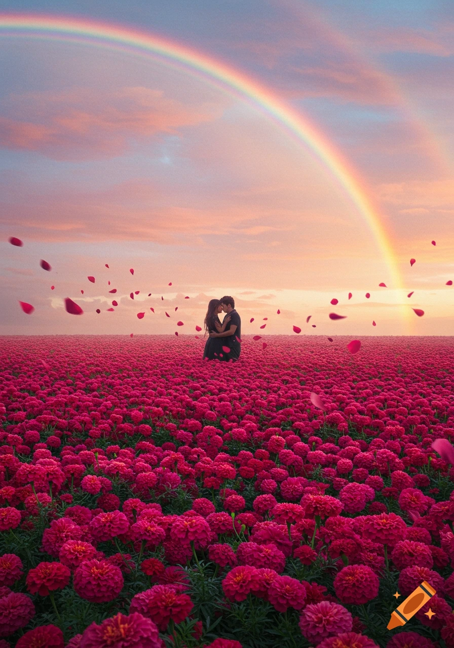 A couple embraces in a vast field of vibrant magenta marigolds under a sky with a rainbow and falling rose petals.