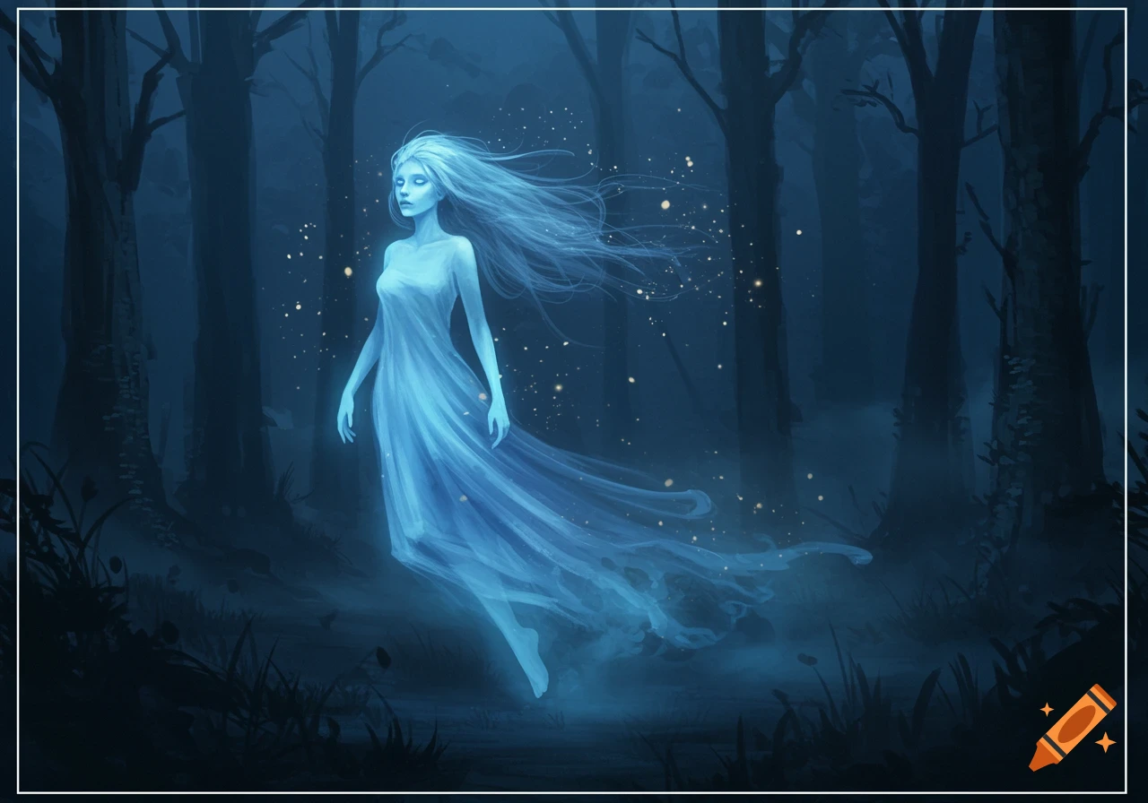 A glowing blue ghostly woman with long flowing hair and a dress hovers in a dark, misty forest in a painterly style.