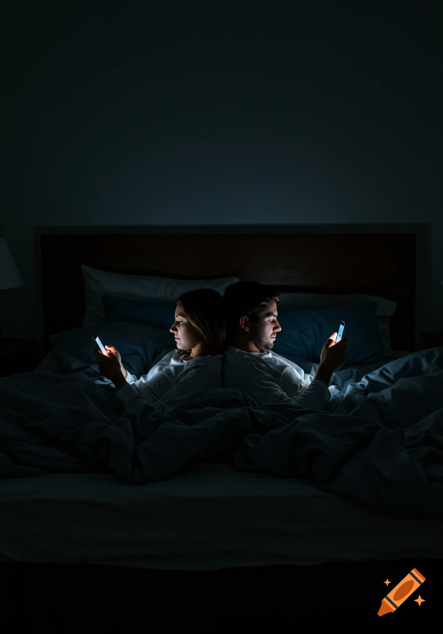 A couple lies in bed back-to-back, each looking at their glowing smartphone in a dark room.