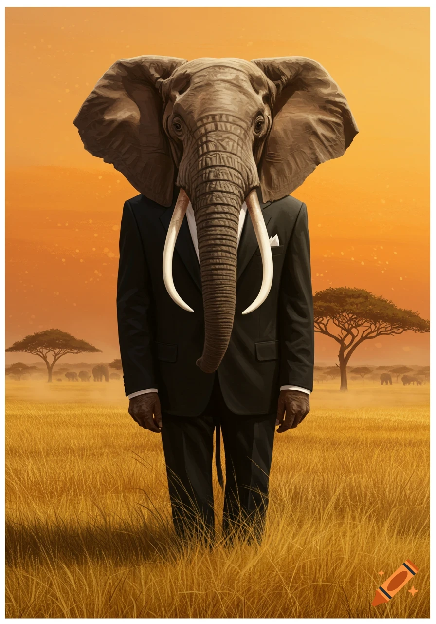 An anthropomorphic elephant in a suit stands in a golden savanna landscape, digital art.