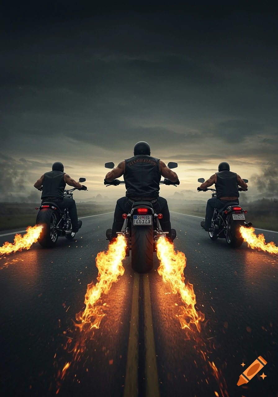 Three muscular bikers on chopper motorcycles speeding down a dark road, leaving trails of fire from their back wheels under a cloudy sky.