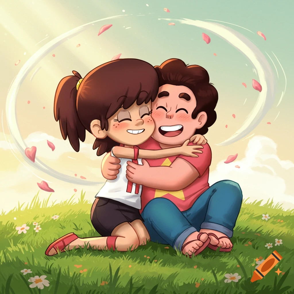 Cartoon characters Lynn Loud and Steven Universe hug lovingly in a grassy field with falling pink petals.