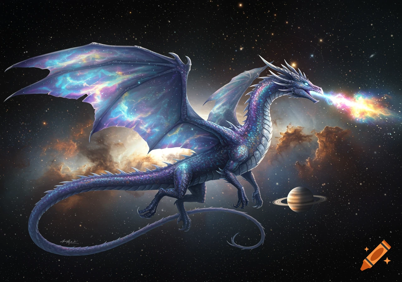 A stunning midnight dragon soars through the starry night