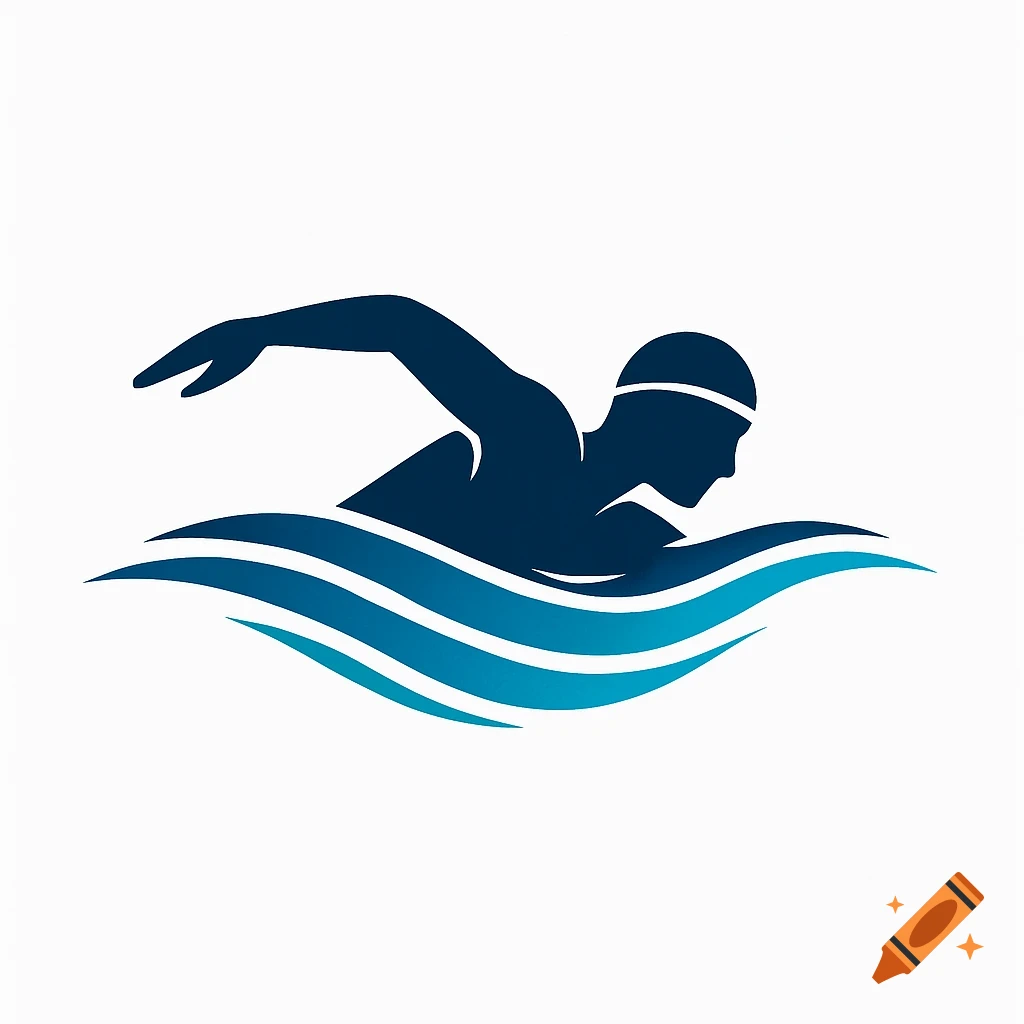 A dark blue silhouette of a swimmer doing the crawl stroke over light blue wavy lines, in a logo style.