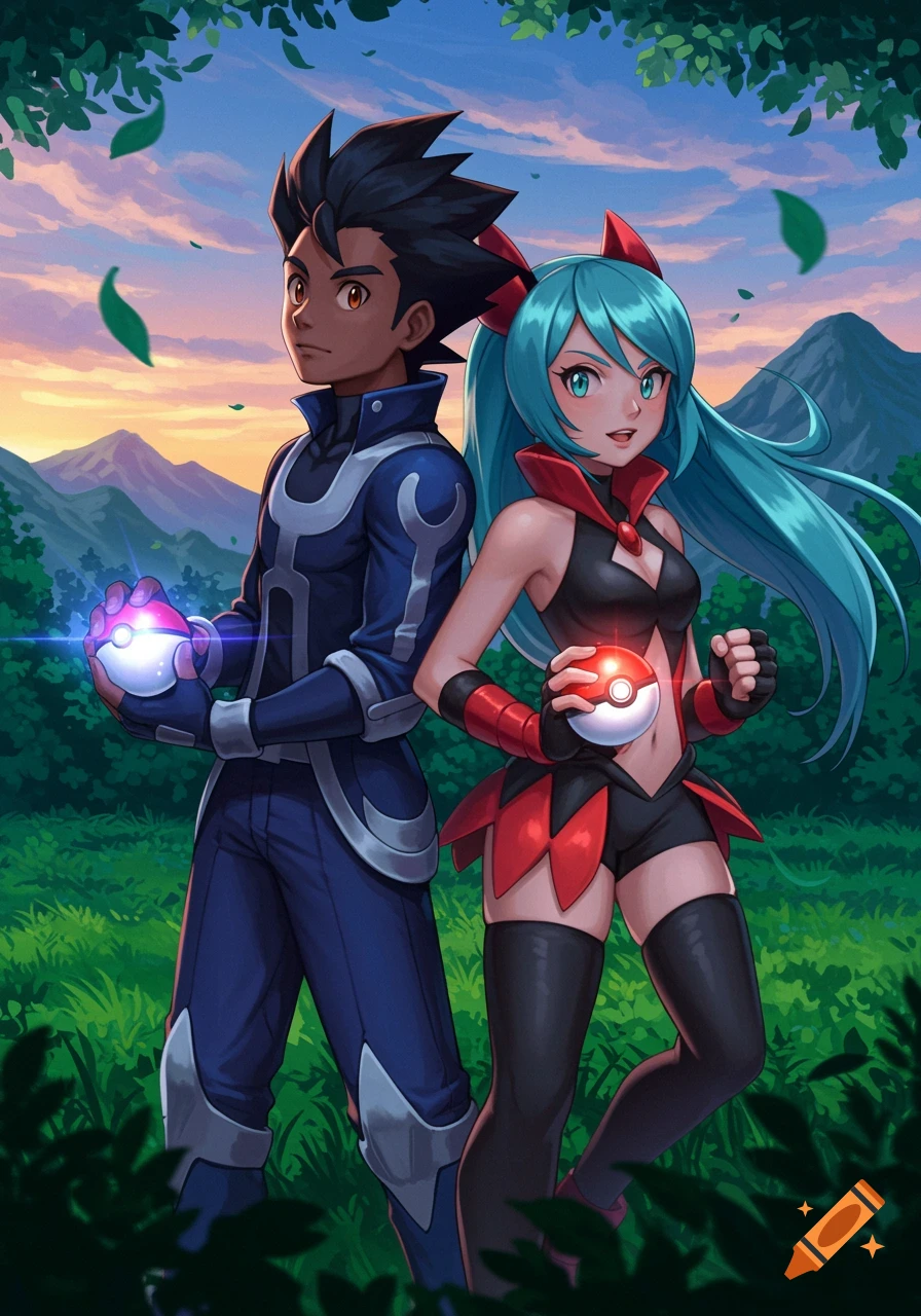 Anime-style male and female characters in a grassy landscape holding glowing Pokeballs at sunset.