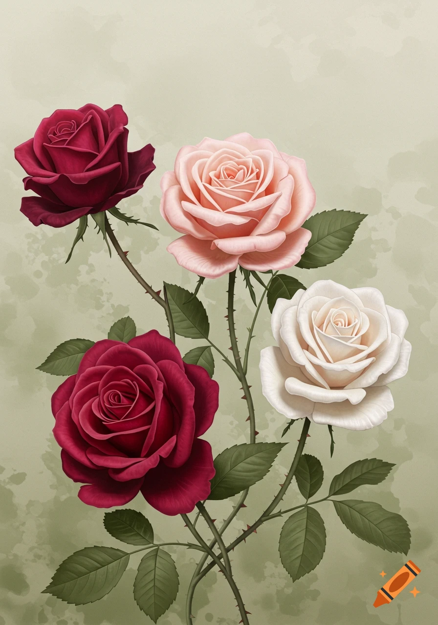 Four red, pink, and white roses with green leaves and thorny stems on a light green background, in a detailed drawing style.