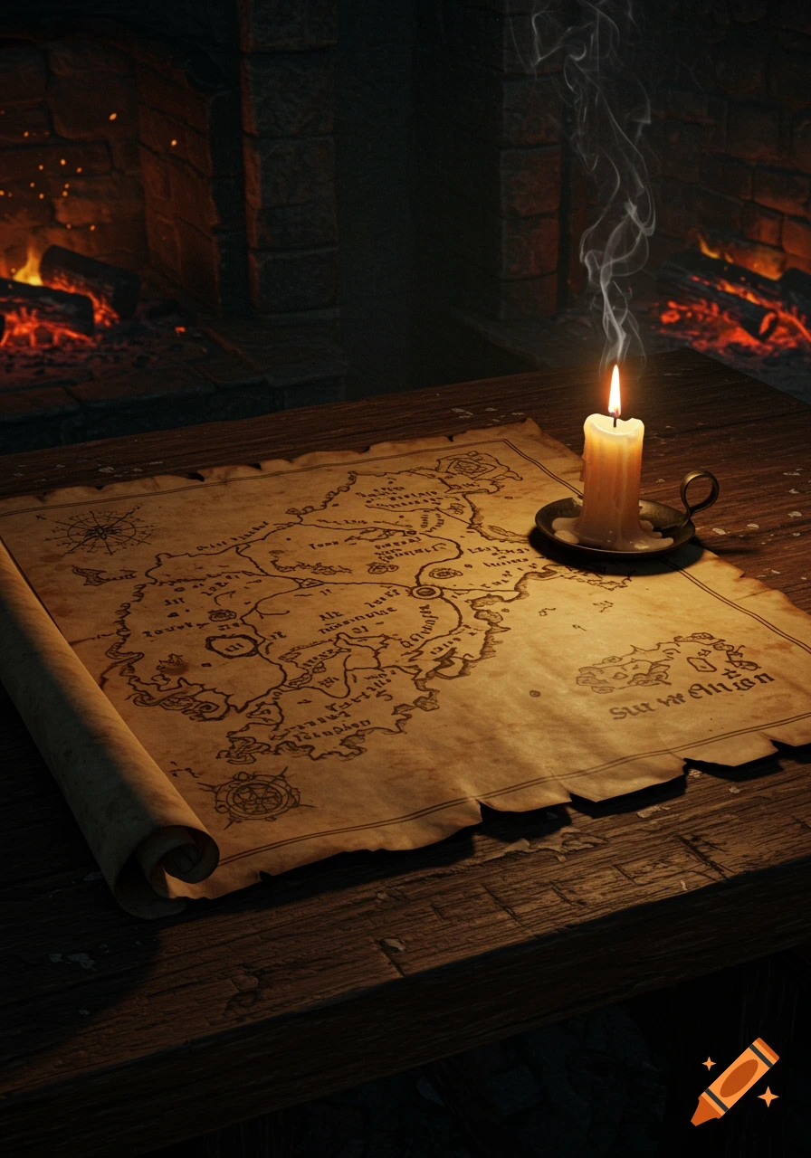 An old scroll map on a wooden table, lit by a flickering candle, with a warm fireplace in the background. Dark Souls style.