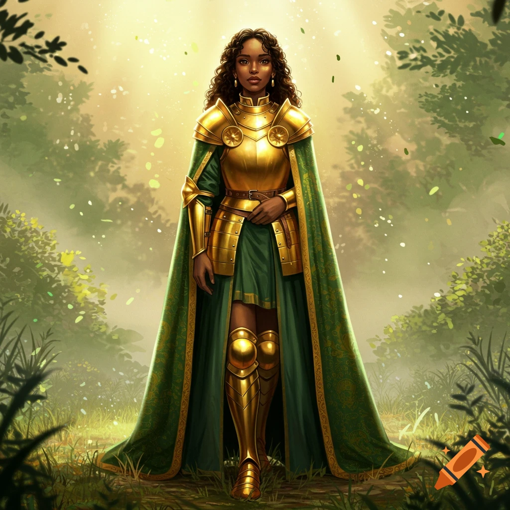 A dark-skinned woman in shimmering golden armor and a long green robe stands in a sunlit forest.