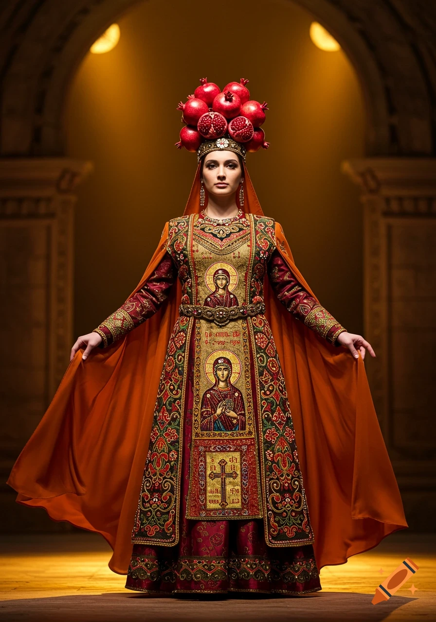 A woman in a richly embroidered traditional Armenian costume with a pomegranate headdress, standing in an ornate, warmly lit setting.