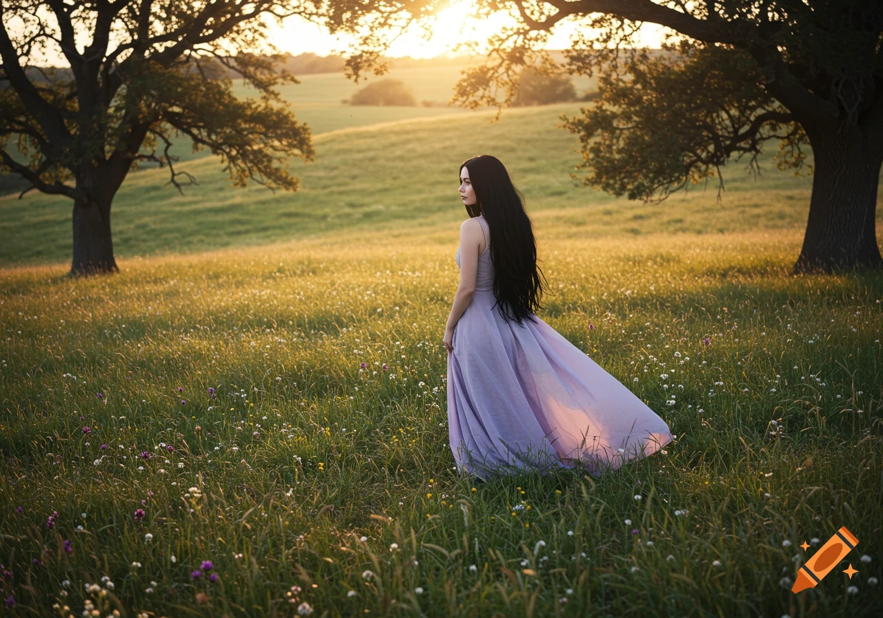 A woman with long dark hair in a purple dress stands in a sunlit field at sunset.