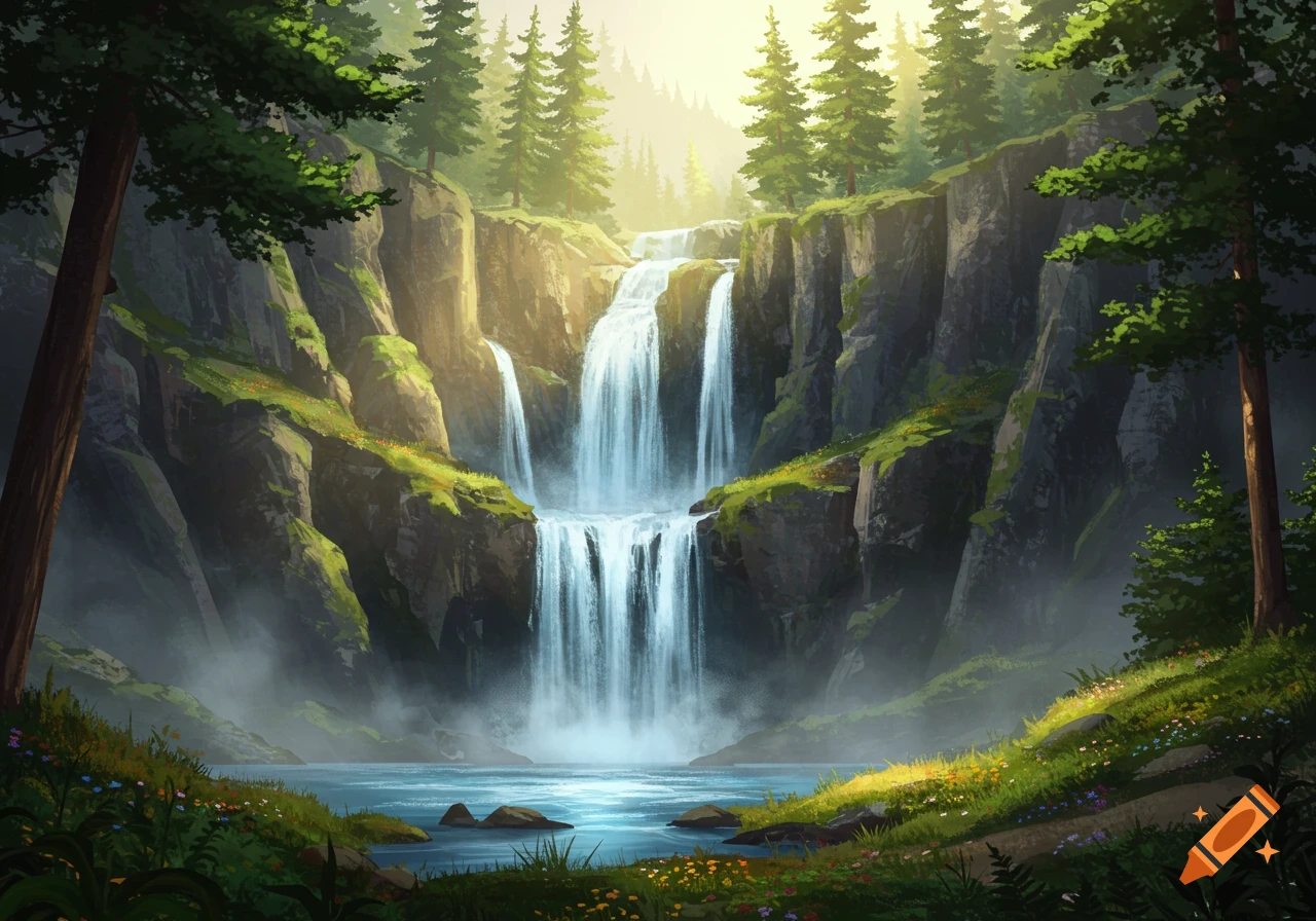 An illustrative painting of a vibrant green forest with multiple cascading waterfalls falling into a pool, bathed in golden sunlight.