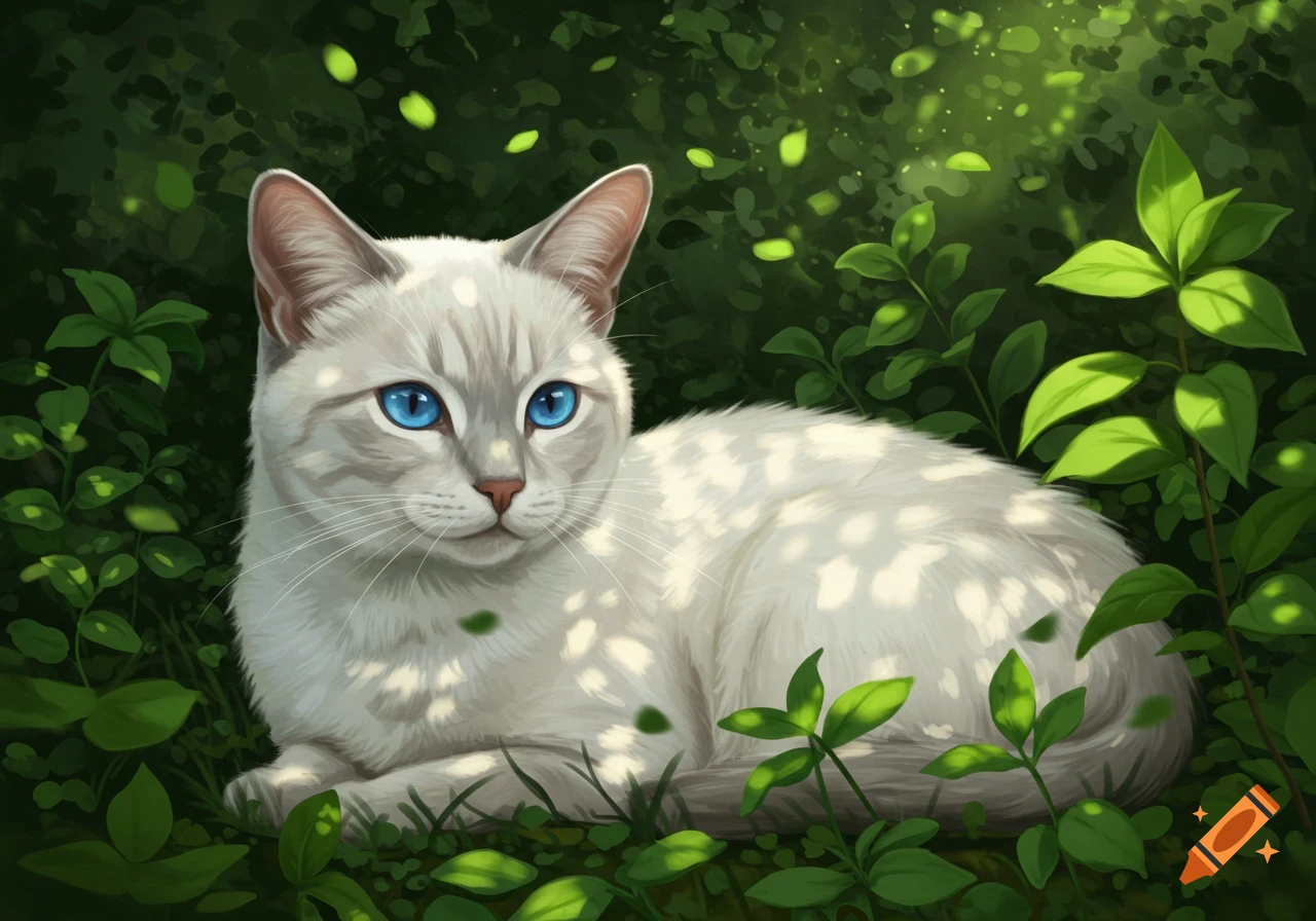 A white cat with striking blue eyes lies among green foliage, dappled with sunlight.