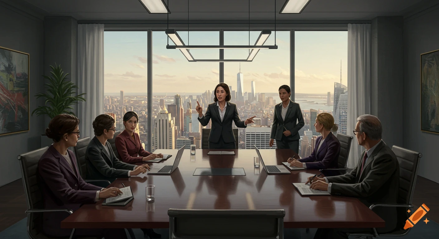 A group of diverse business professionals holding a meeting in a modern skyscraper conference room overlooking a city skyline at sunset.