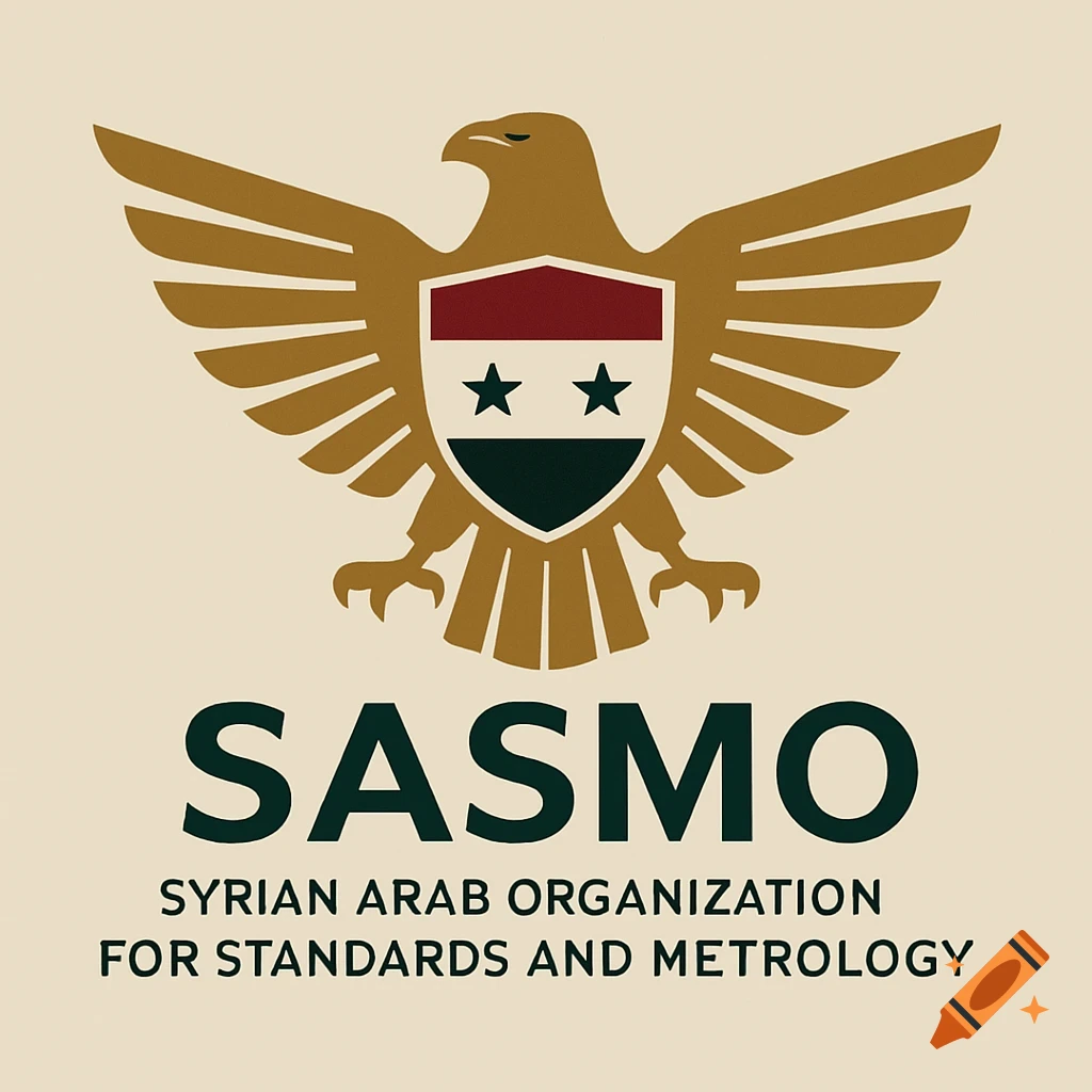 A modern, minimalist logo with a golden eagle holding a shield in Syrian flag colors, above 'SASMO' text.