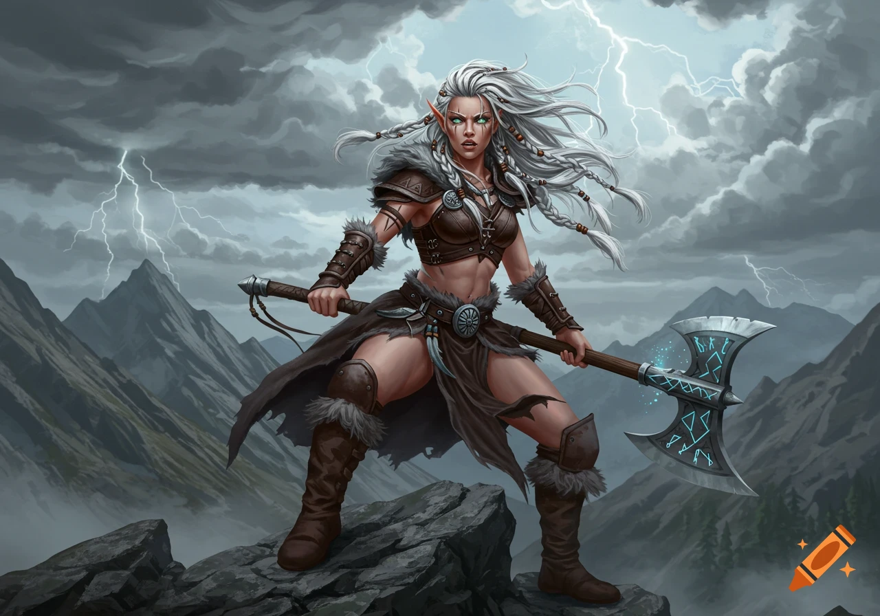A strong female elf warrior with white braided hair, green eyes, and leather armor stands on a mountain with an axe as lightning strikes in the stormy sky.
