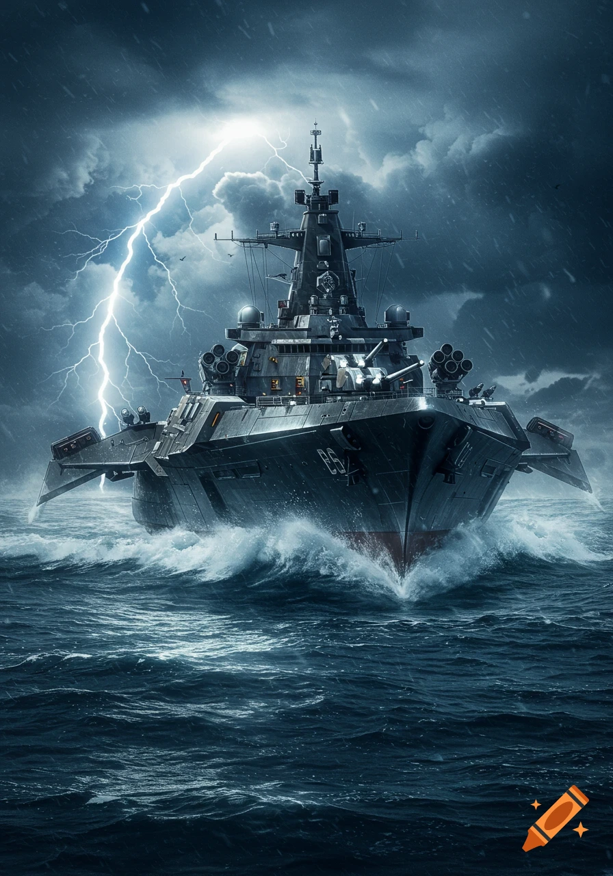 A futuristic warship with advanced weapons cuts through stormy seas under a dramatic lightning-filled sky.