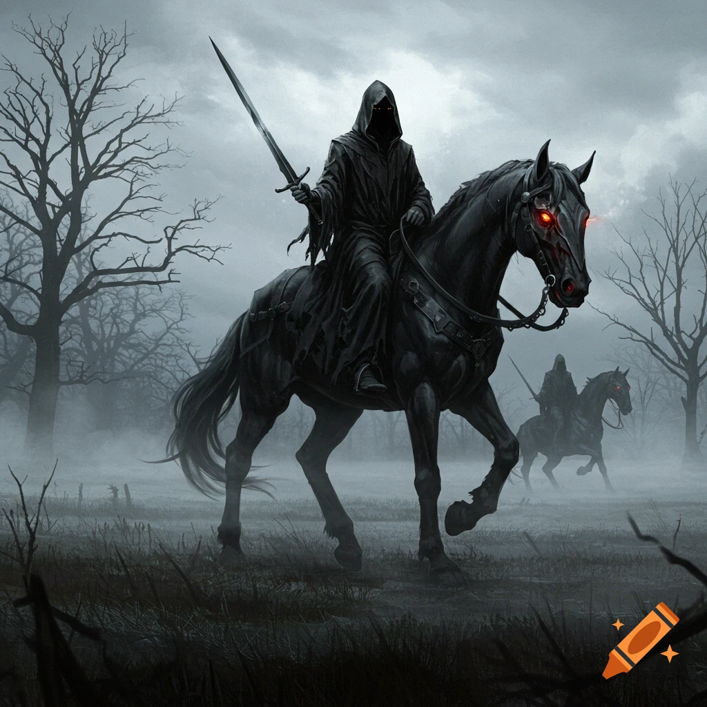 A dark, hooded figure rides a black horse with glowing red eyes through a misty, barren landscape with gnarled trees. Another rider is in the background.
