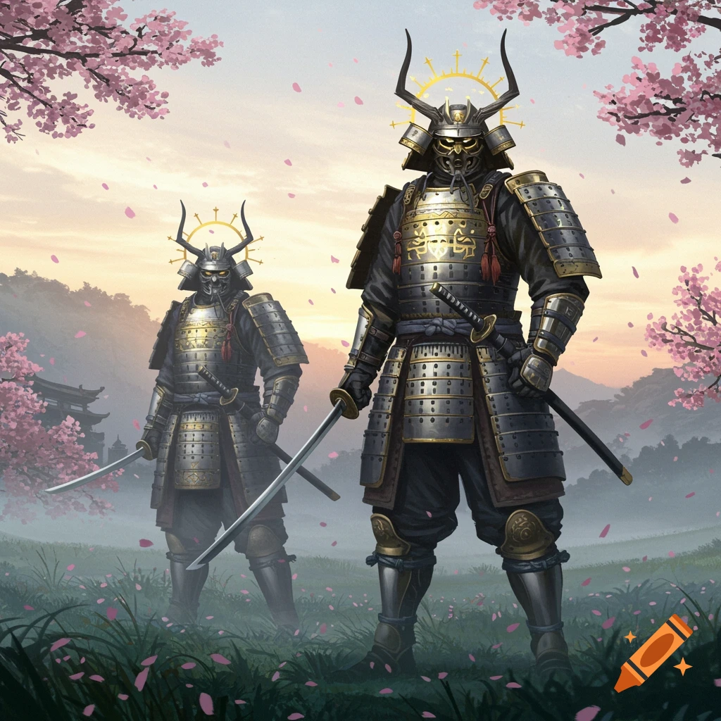 Two armored samurai with halos stand in a field of pink cherry blossoms at dawn, digital art.