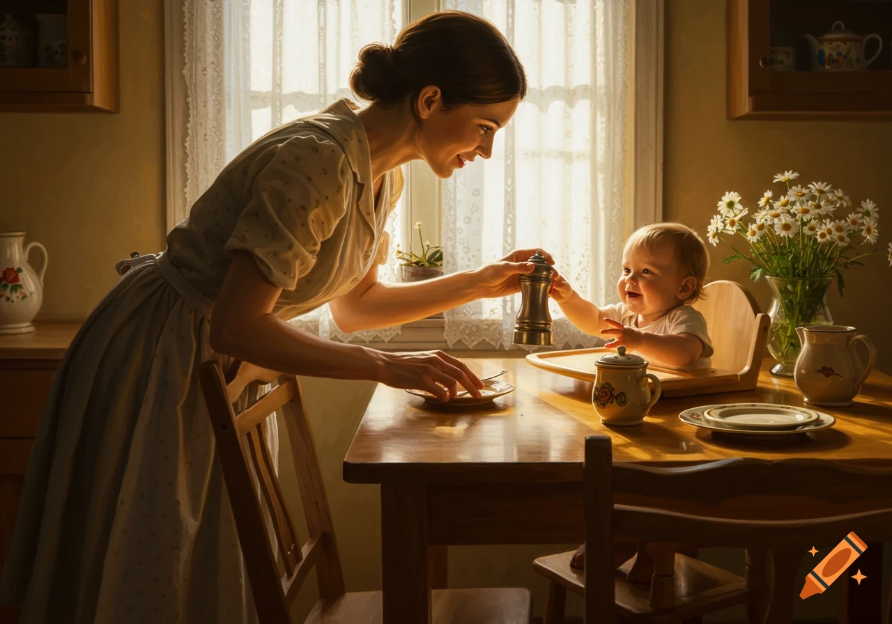 A woman holds a pepper mill for a smiling baby in a high chair at a table by a sunny window in a home, photorealistic.