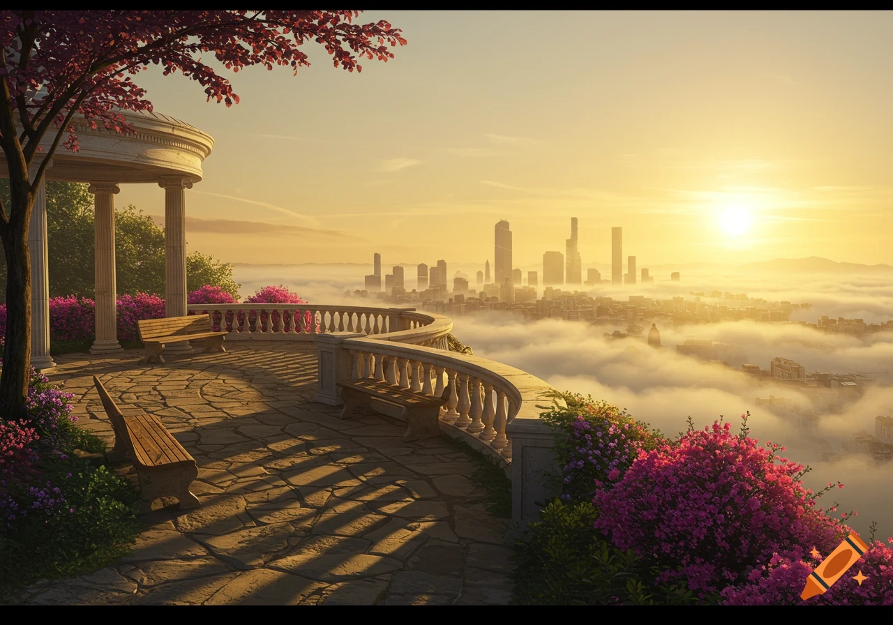 A stone terrace with benches and a gazebo overlooking a fog-covered city at sunset, surrounded by pink flowers and trees.