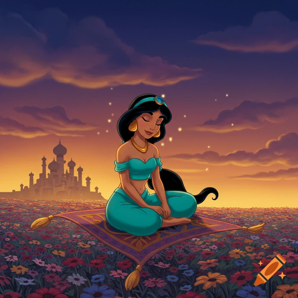 Princess Jasmine meditating on a magic carpet in a field of wildflowers at sunset, with a palace in the distance, in Disney animation style.