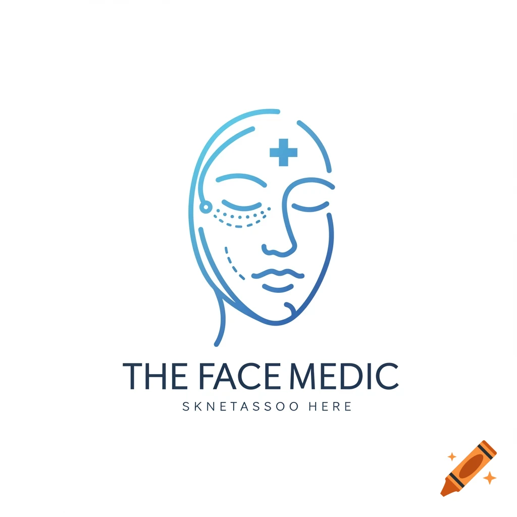 A minimalist blue line art logo showing a stylized human face with medical markings and the text "THE FACE MEDIC SKNETASSOO HERE" below it.