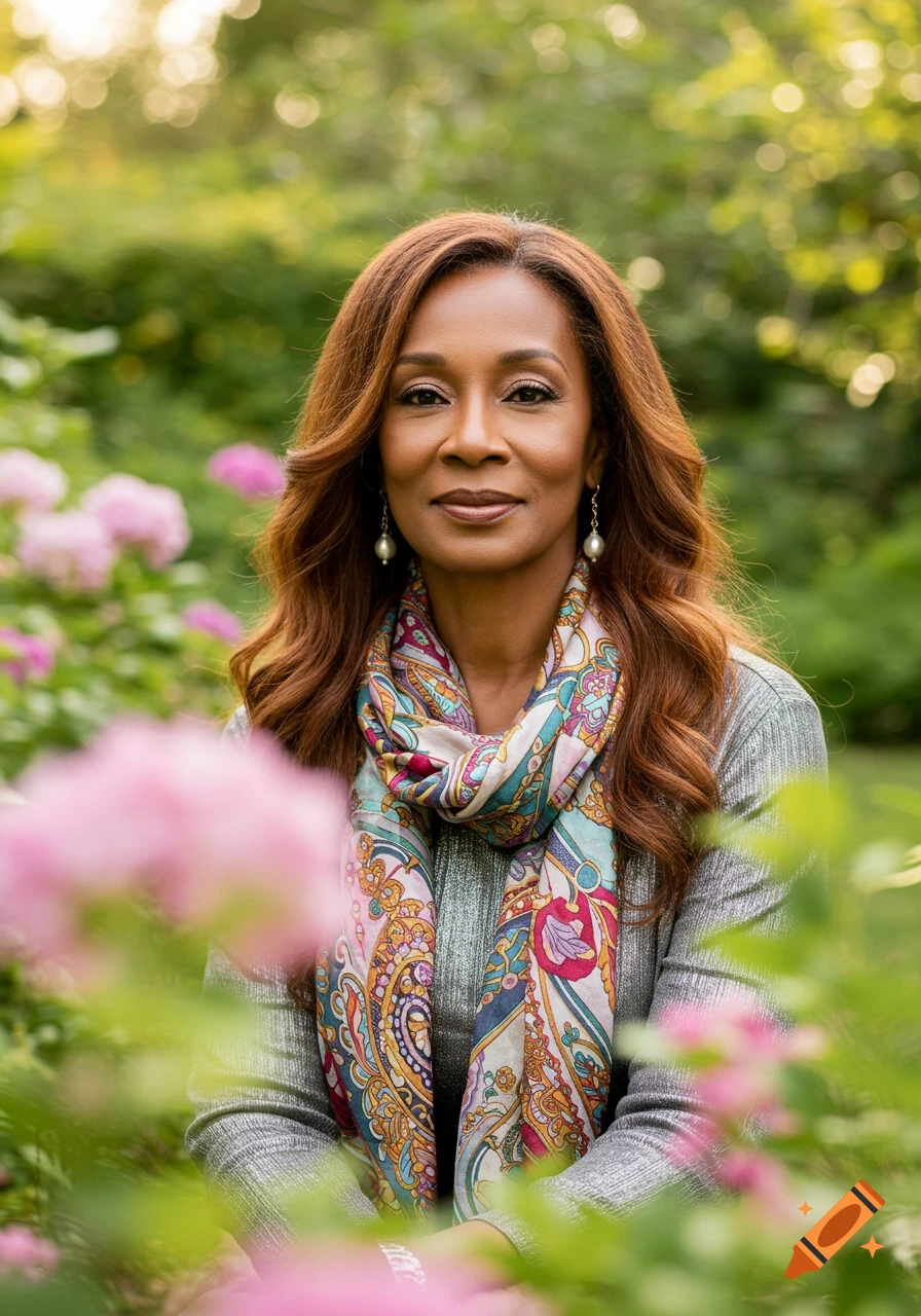 A woman with long auburn hair and a colorful scarf sits in a lush garden with pink flowers.