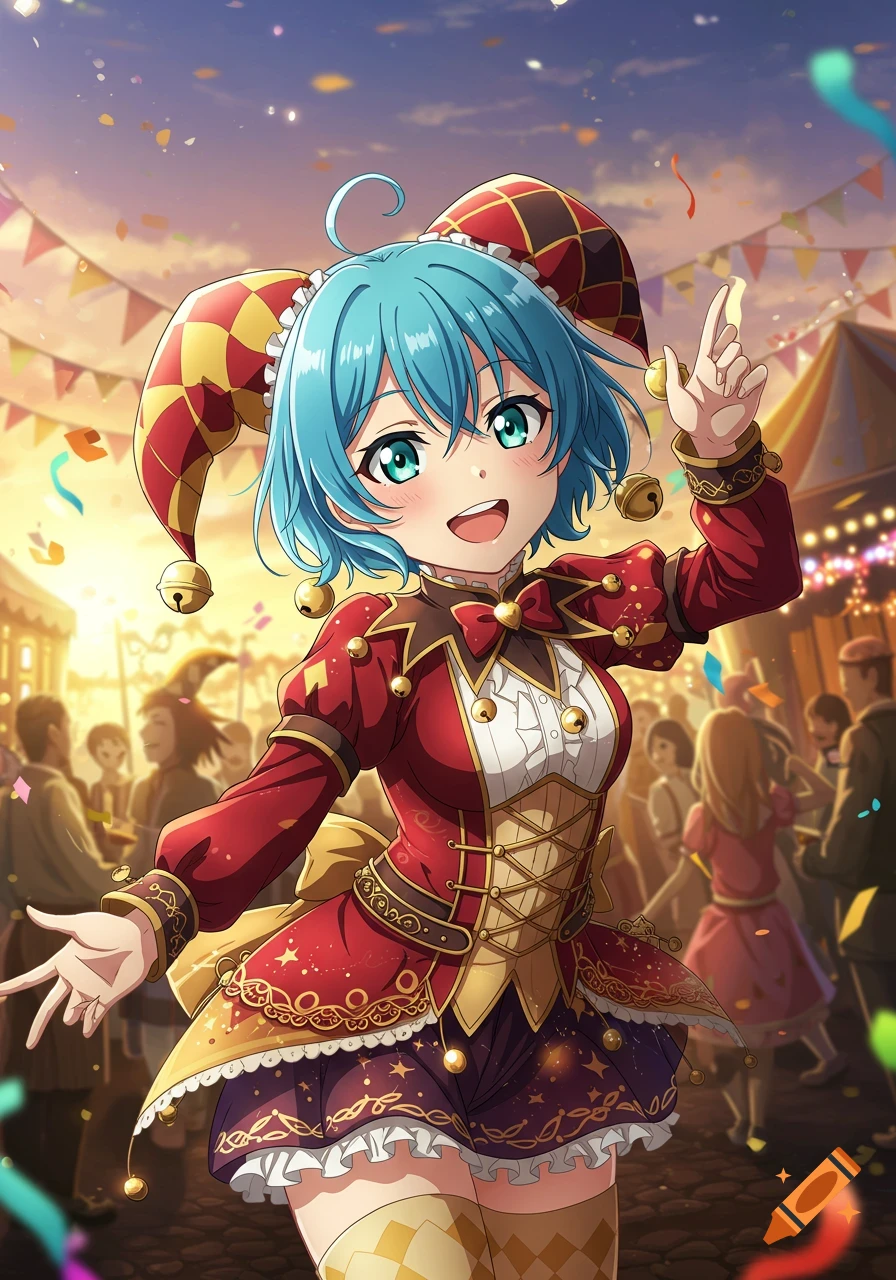 A smiling blue-haired anime girl dressed as a jester at a vibrant carnival or festival.