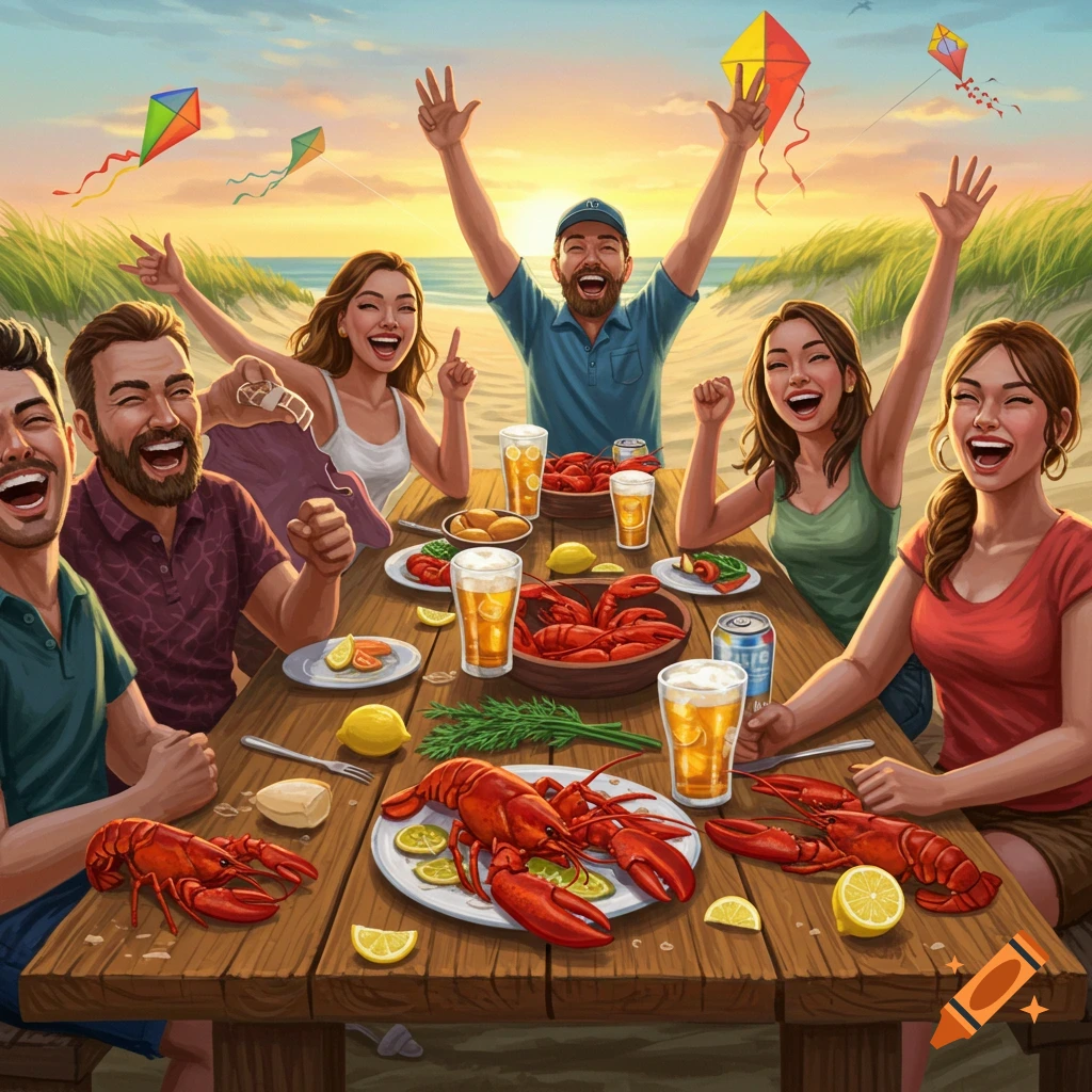 A vibrant illustration of a joyful group of people having a lobster feast on a beach at sunset, with kites flying overhead.