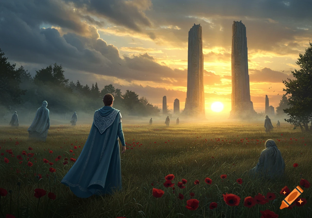 A person in a blue cloak in a poppy field looks towards a sunset between two colossal ancient pillars, with other robed figures.