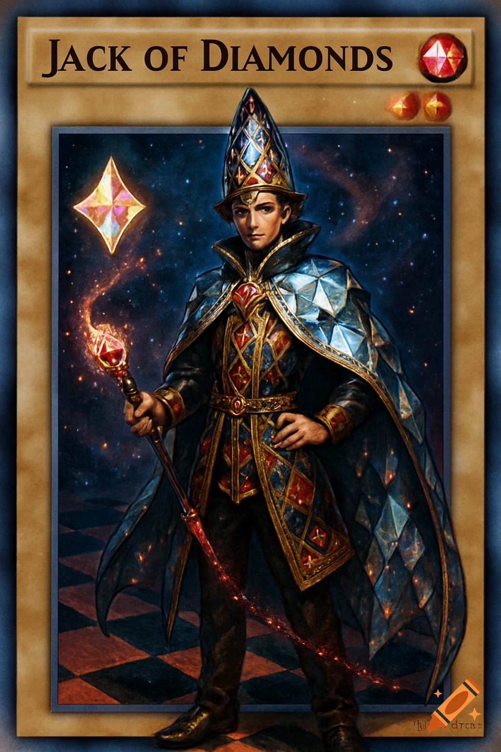 A fantasy character representing the Jack of Diamonds on a Yu-Gi-Oh style card. The character wears a diamond-patterned outfit and hat, holding a staff, against a starry background.