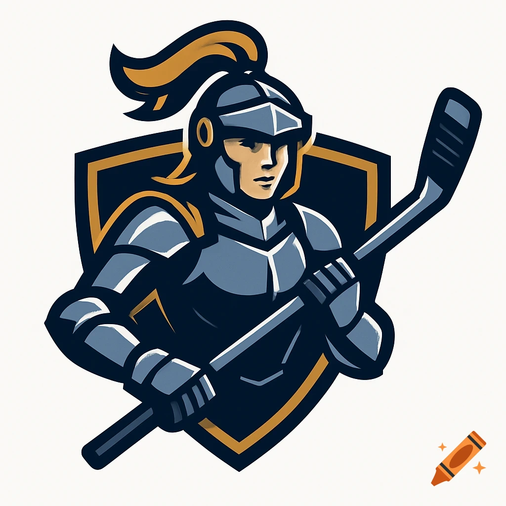 A stylized logo of a knight in armor holding a hockey stick, set against a shield backdrop.
